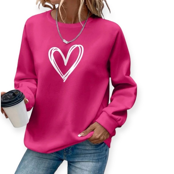 SHEIN Heart Graphic Sweatshirt Bright Pink White Heart Valentines NWT - Picture 1 of 9
